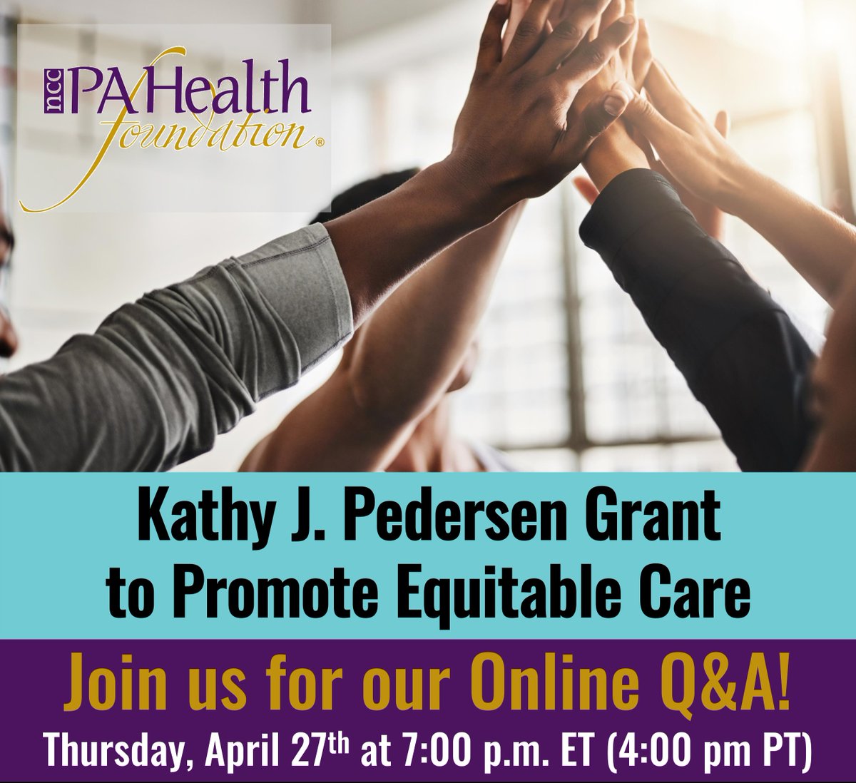 nccPAHealthFdn's tweet photo. Calling #Certified PAs &amp; #PAstudents:  Want to apply for the $5,000 Kathy J. Pedersen Grant to Promote Equitable Care but have questions  Sign up for our Q&amp;A on 4/27!! Register https://t.co/yWka1JkNPC.  
#PAsDoThat #palife #paeducator #change #papositivity #access #equity https://t.co/amqH636S9U