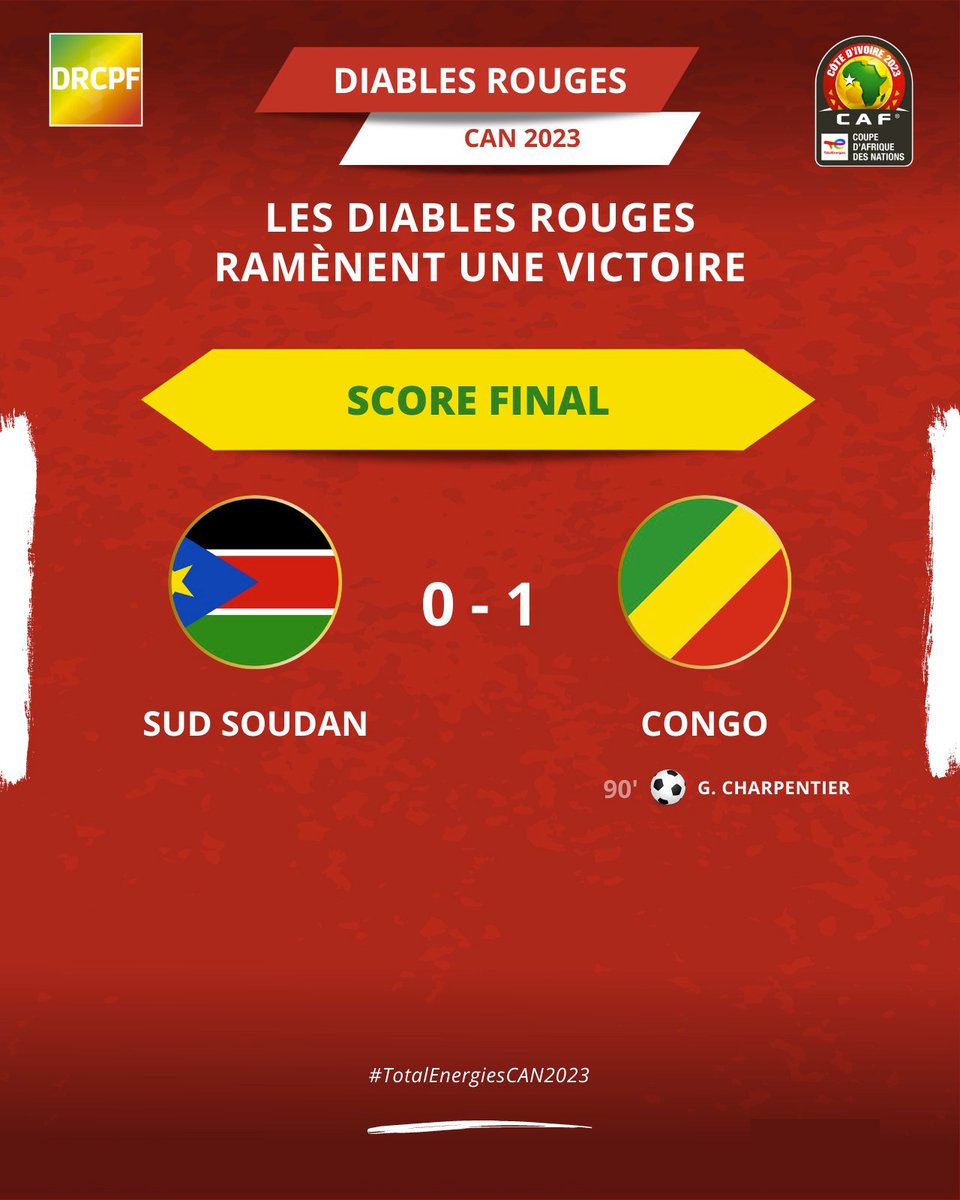 Les Diables Rouges ramènent une victoire. Gabriel Charpentier ouvre son compteur en sélection nationale Congolaise.

⏱ 𝗙𝗶𝗻 𝗱𝘂 𝗺𝗮𝘁𝗰𝗵

Sud Soudan 🇸🇸 0️⃣-1️⃣ Congo 🇨🇬

#Team242 🇨🇬
#DRCPF
#YellowBetCG