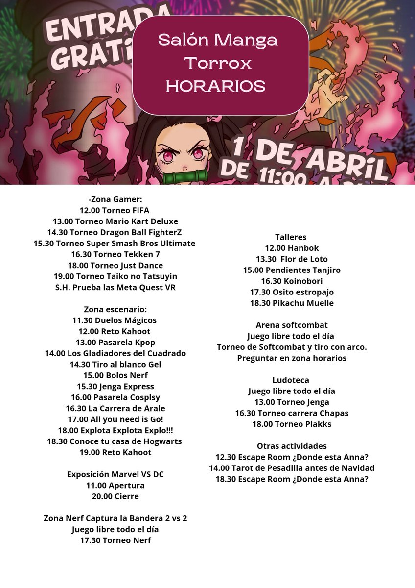 Ya tenemos todos los horarios de #torroxgo #salonmangatorrox que se celebrará este próximo sábado en el Polideportivo Torrox (complejo la Granja). Esperamos veros por allí porque la entrada es gratis.