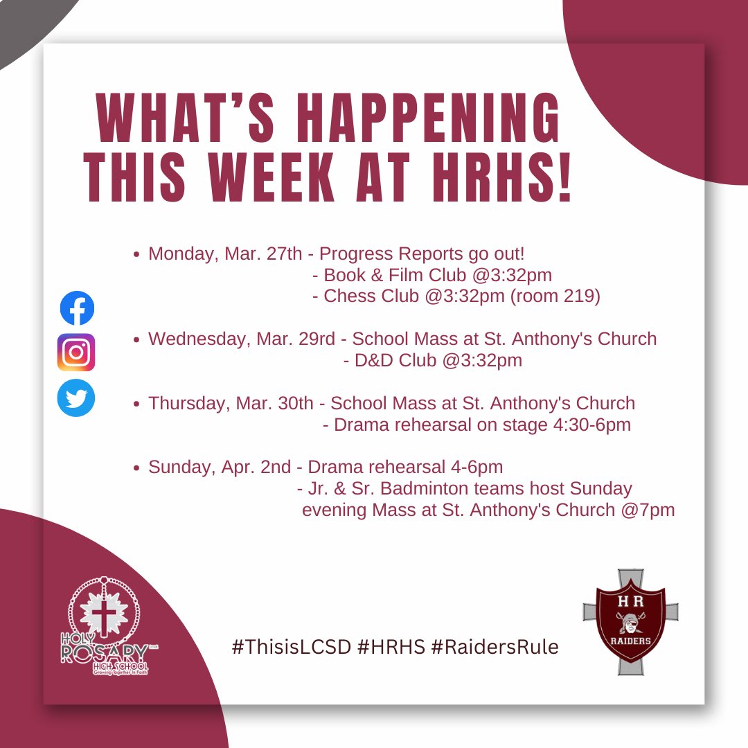 HolyRosaryHS's tweet photo. Happy Monday morning, Raiders!☀️

Reminder that Progress Reports go out today. 

Have a fantastic week!😃

#HRHS #yll #whatshappeningthisweekathrhs #raidersrule #thisisLCSD https://t.co/HcKHYI3Mpn