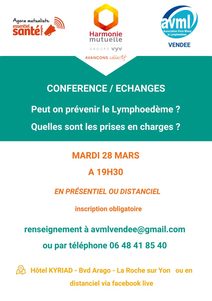 Rappel, 28 mars, conférence débat autour du #lymphoedeme à la Roche/Yon <a href="/OuestFrance/">Ouest-France</a> <a href="/FAVAMulti/">Filière FAVA-Multi</a> <a href="/Echoraljpangio/">Dr Jean Pierre Laroche #vacciné 6.0</a> <a href="/lasfmv/">SFMV</a> @HopitaldeNiort <a href="/hmutuelle/">Harmonie Mutuelle</a> <a href="/laliguecancer/">La Ligue contre le cancer</a>