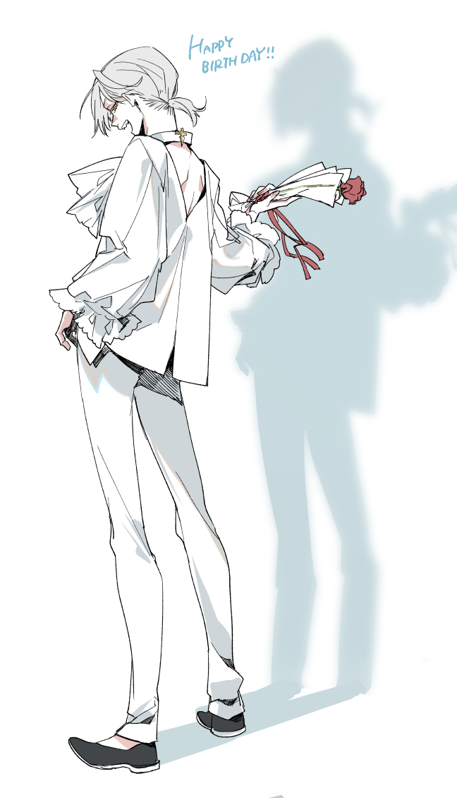 male focus 1boy solo bouquet flower white pants holding  illustration images