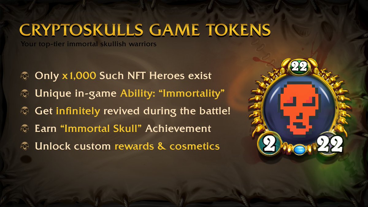 Crypto_Skulls's tweet photo. Boost your chances of winning.

Game Tokens are unique heroes with special ability of immortality, it will unlock additional game achievements and cosmetics during the battle. https://t.co/0aUZCr3OSM