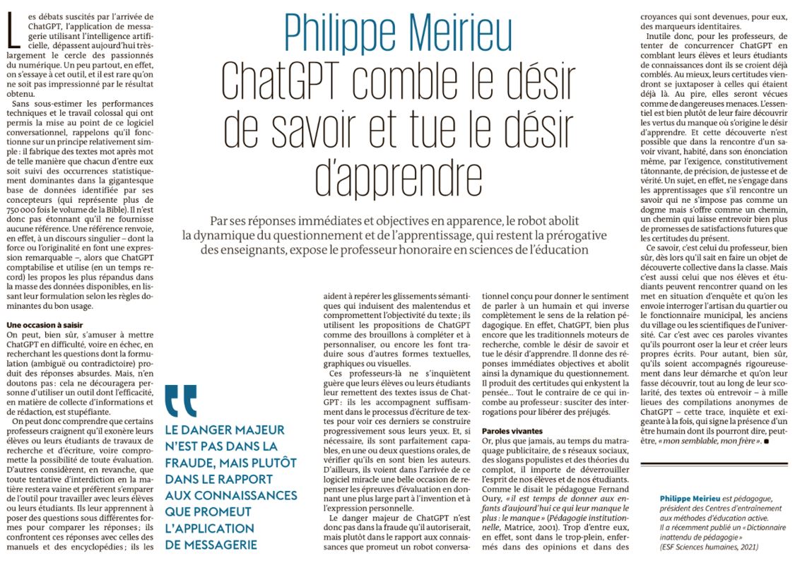"Inutile pour les professeurs de concurrencer ChatGPT en comblant leurs élèves de connaissances… l'essentiel est de leur faire découvrir les vertus du manque où s'origine le désir d'apprendre"
📰de @PhilippeMeirieu, auteur du Dictionnaire inattendu de pédagogie, dans <a href="/lemondefr/">Le Monde</a>
