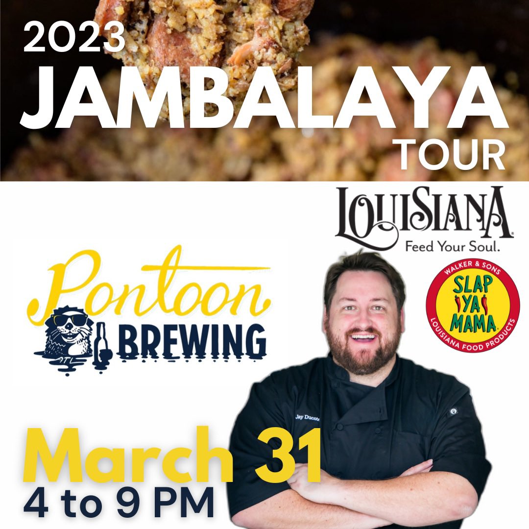 JayDucote's tweet image. All aboard the #jambalayatour. Next stop is this FRIDAY at #pontoonbrewing in #sandysprings! Tag a friend in the #atlanta area to come drink some beers with me and some #jambalaya! #onlylouisiana #feedyoursoul @LouisianaTravel @SlapYaMama