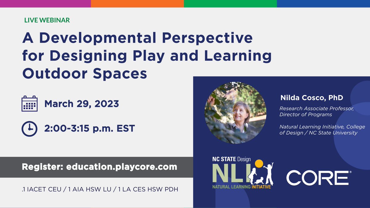 Join us on March 29th at 2pm and earn FREE CEUs!
Register with the link below using code PARK
tinyurl.com/5frt3mth

Design thinking and participatory design processes ensure outdoor play and learning environments address the needs of children all ages and their families.