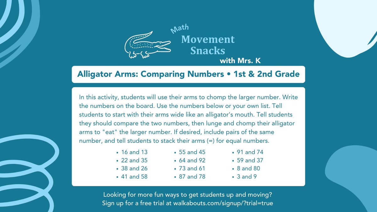 getwalkabouts's tweet photo. Looking for bite-sized ways to integrate movement into your math lessons? Try Movement Snacks with Mrs. K, and get your pre-K to 2nd grade students up and moving as they learn! #movementsnacks 
#moveandlearn https://t.co/YJrKUbIPxj