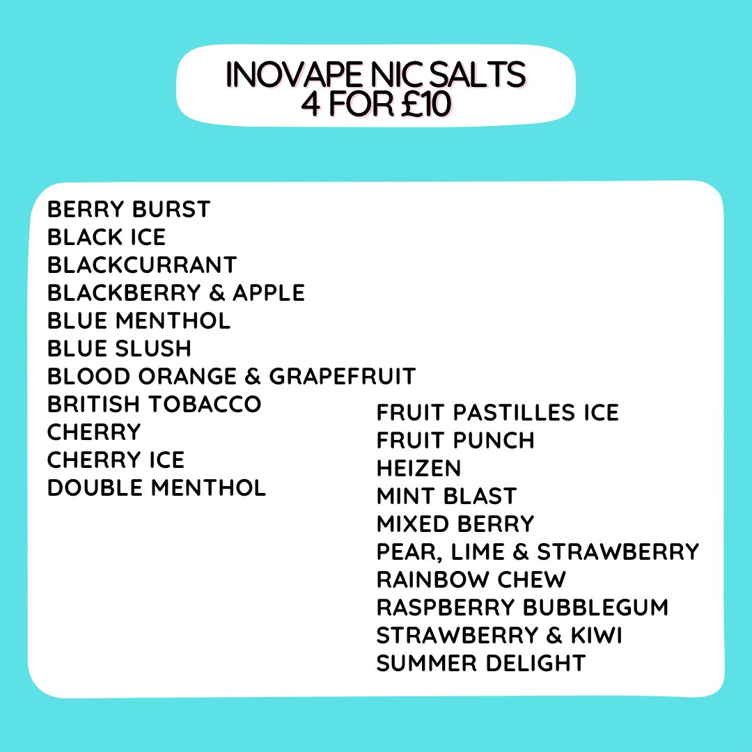 InovapeLtd's tweet photo. Our huge range of Inovape Nic Salts!
4 bottles for £10! https://t.co/LibOCMePls
