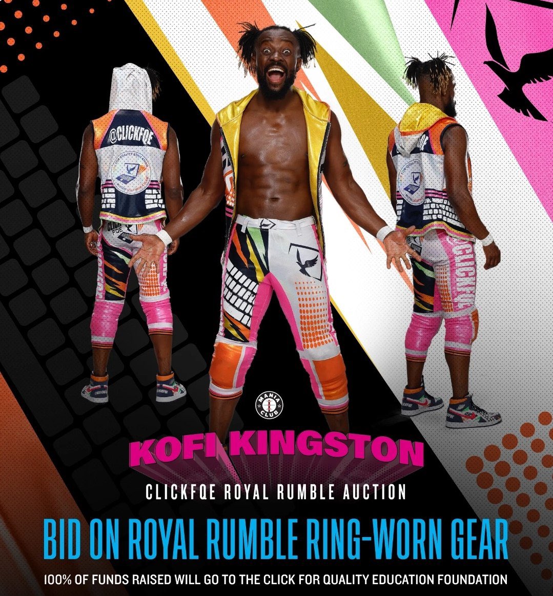 TrueKofi's tweet photo. Hey y’all! As promised, I’m auctioning my Royal Rumble ring-worn gear & ring-worn custom shoes to raise money for @CLICKfqe.

Visit the link in my bio for more details or submit a silent auction bid to maniaclubauctions@gmail.com. Silent auction ends at 3am EST on 4/4. 

🚨 Please remember to specify which item you’re bidding on! (Ring gear or Sneakers). 

Good Luck!

@MANIACLUBWWE