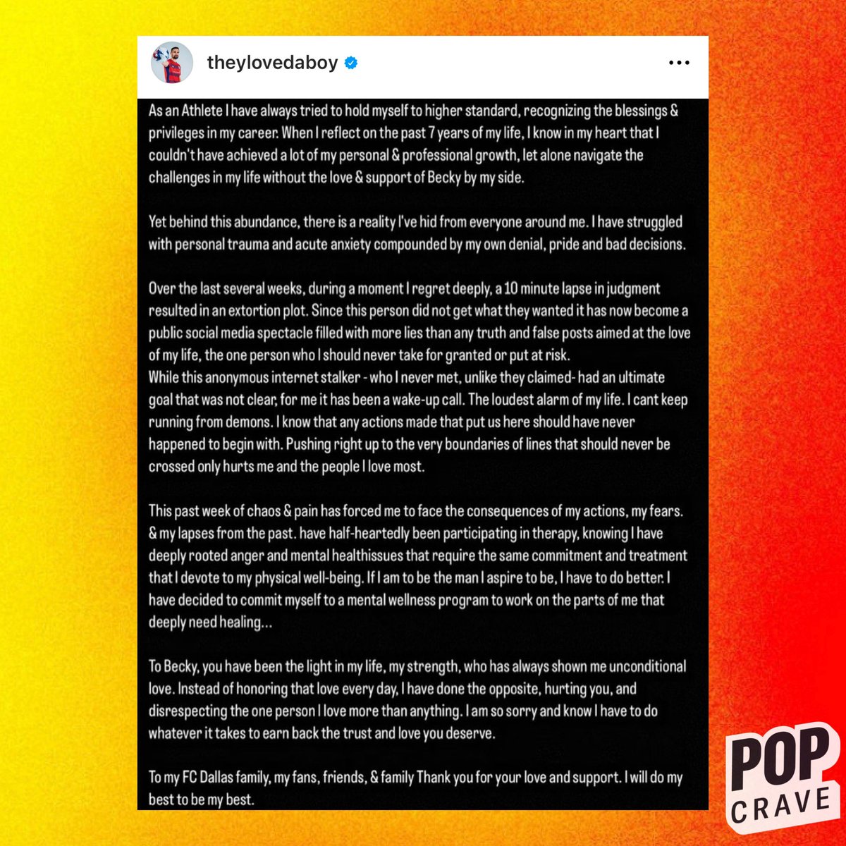 PopCrave's tweet photo. Sebastian Lletget issues statement after being accused of cheating on Becky G, announces he will enter a mental wellness program: 

“I am so sorry and know I have to do whatever it takes to earn back the trust and love you deserve.” https://t.co/L1kyelt6Ub