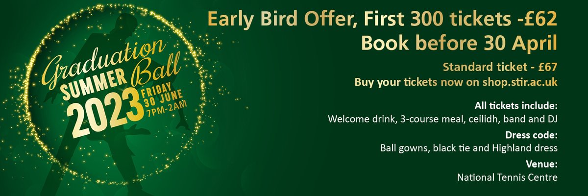 Tickets are now on sale for the class of 23  Graduation ball! Get in early and get your ticket for only £62. The price includes a glass of fizz, delicious 3-course meal, ceilidh, band and DJ until 2am! Click here to purchase your ticket rb.gy/eanhmm