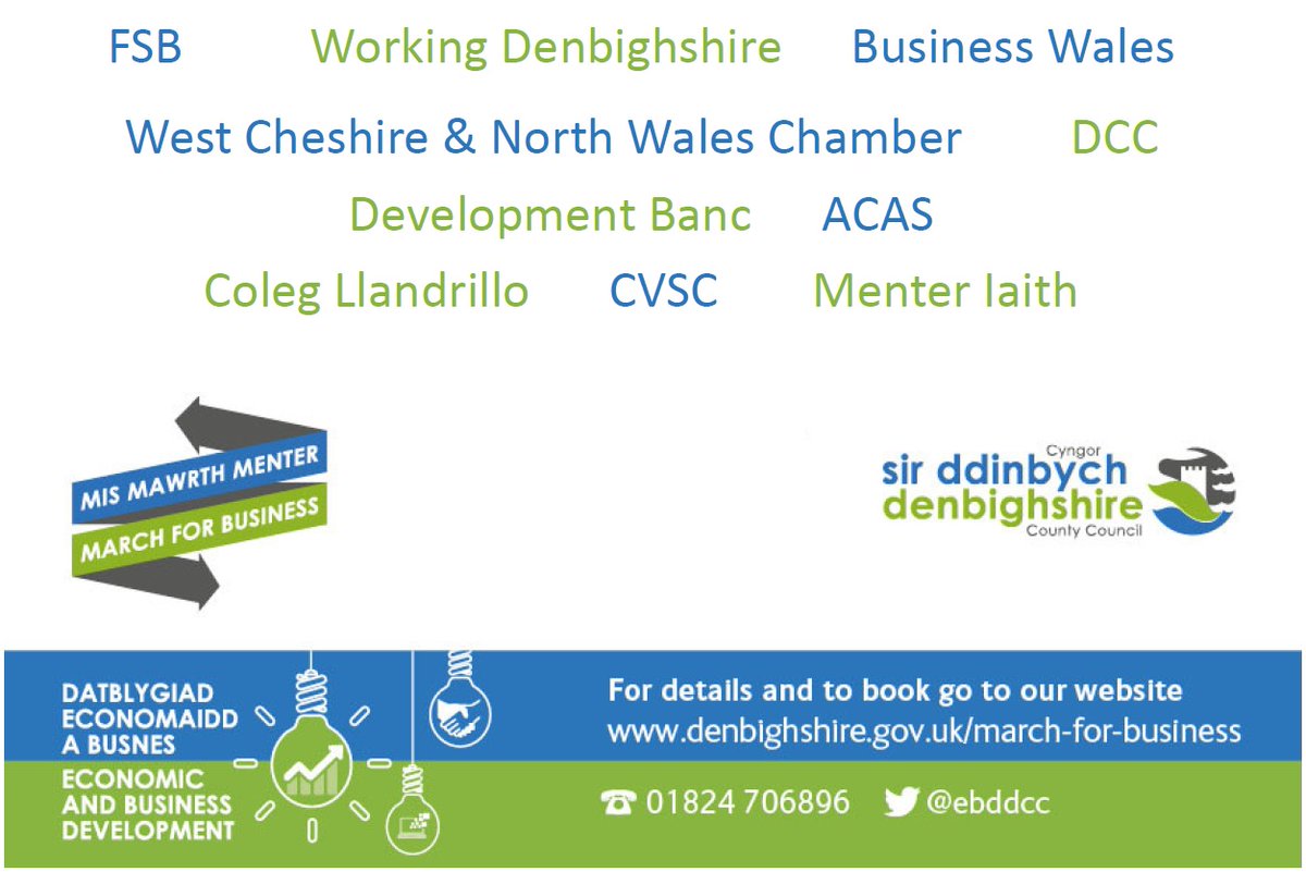 Pop up business support – 30/3 12:00 - 14:00 #Denbigh Town Hall stop in and speak to various advisors about your business.

#marchforbusiness #denbigh