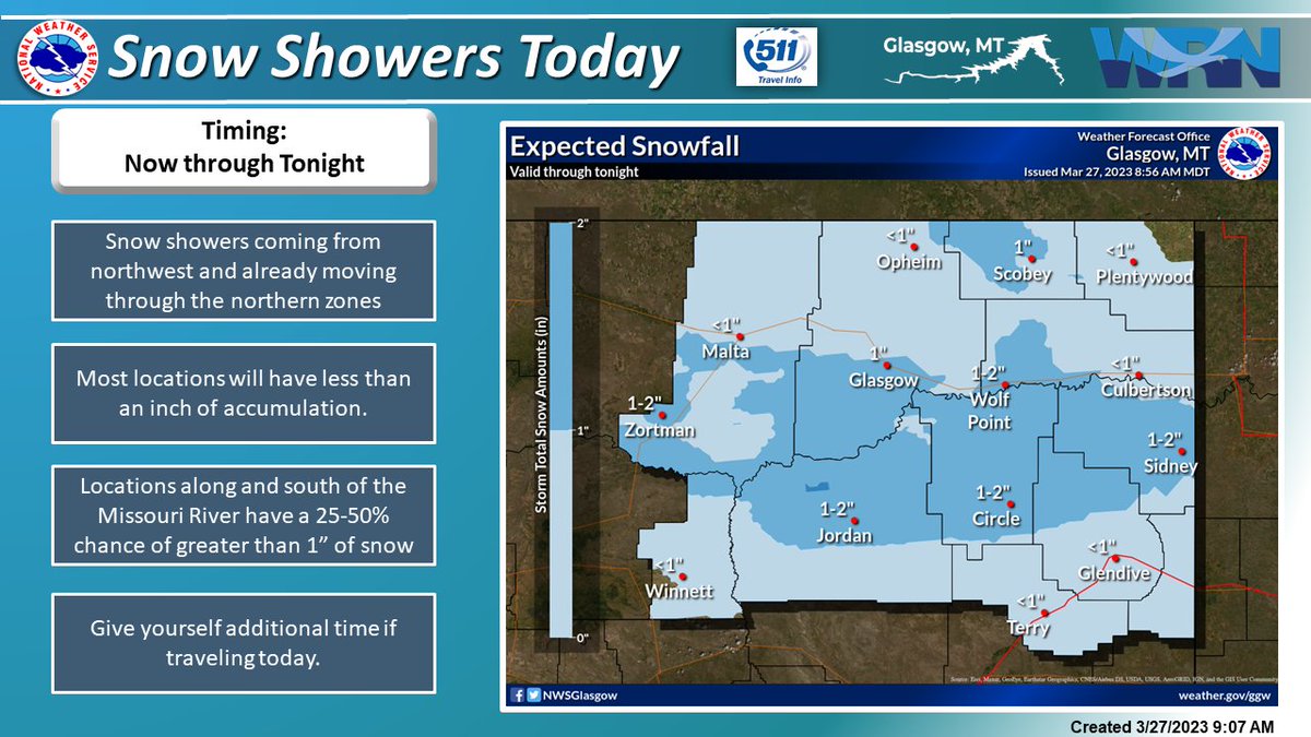 NWSGlasgow's tweet image. Snow has entered the area and will continue to pushing south through tonight, bringing intermittent snow showers. Heavier accumulations expected south of the Hi-Line. Please drive carefully and give yourself extra time to get to your destination. 

#mtwx #whereisSpring