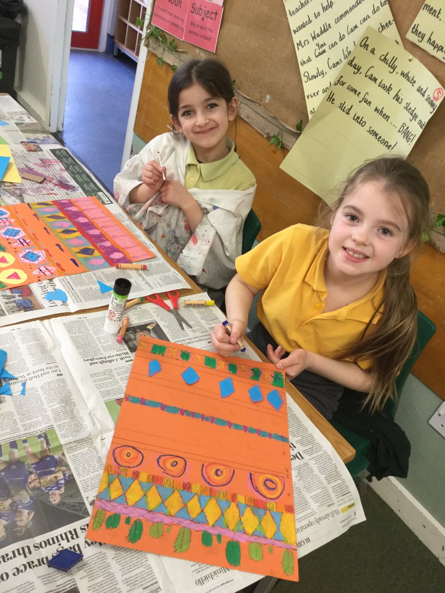ce_windmill's tweet photo. In Year 2 we’ve used oil pastels, coloured paper and printed using paint to finish off our Lois Mailou Jones’ backdrop all ready for our African masks after the Easter hols.........please bring in your washed out milk plastic bottle ready for the next stage! 👏👏👏👏 https://t.co/Ym1QWifXyw