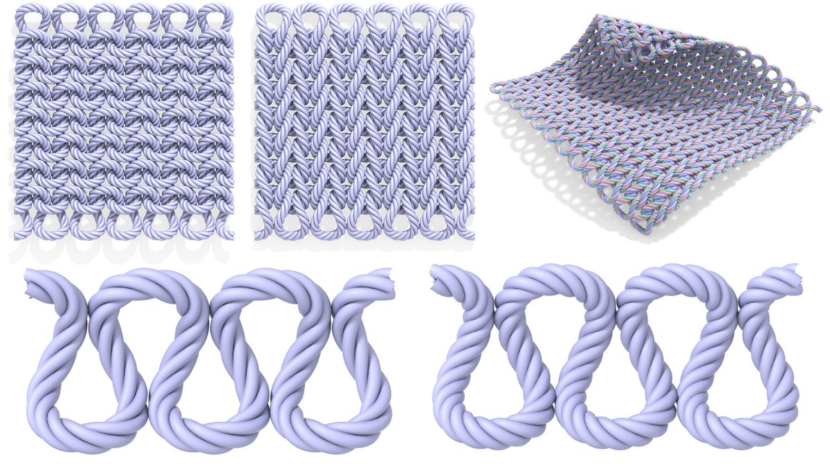 For fun (and because I couldn't find any!) I wrote down some closed-form parametric equations for plain-knit yarns and the twisted fibers running around them:
 cs.cmu.edu/~kmcrane/Proje…

Also includes C code to generate curves, and displacement/alpha maps for making tiled patterns.