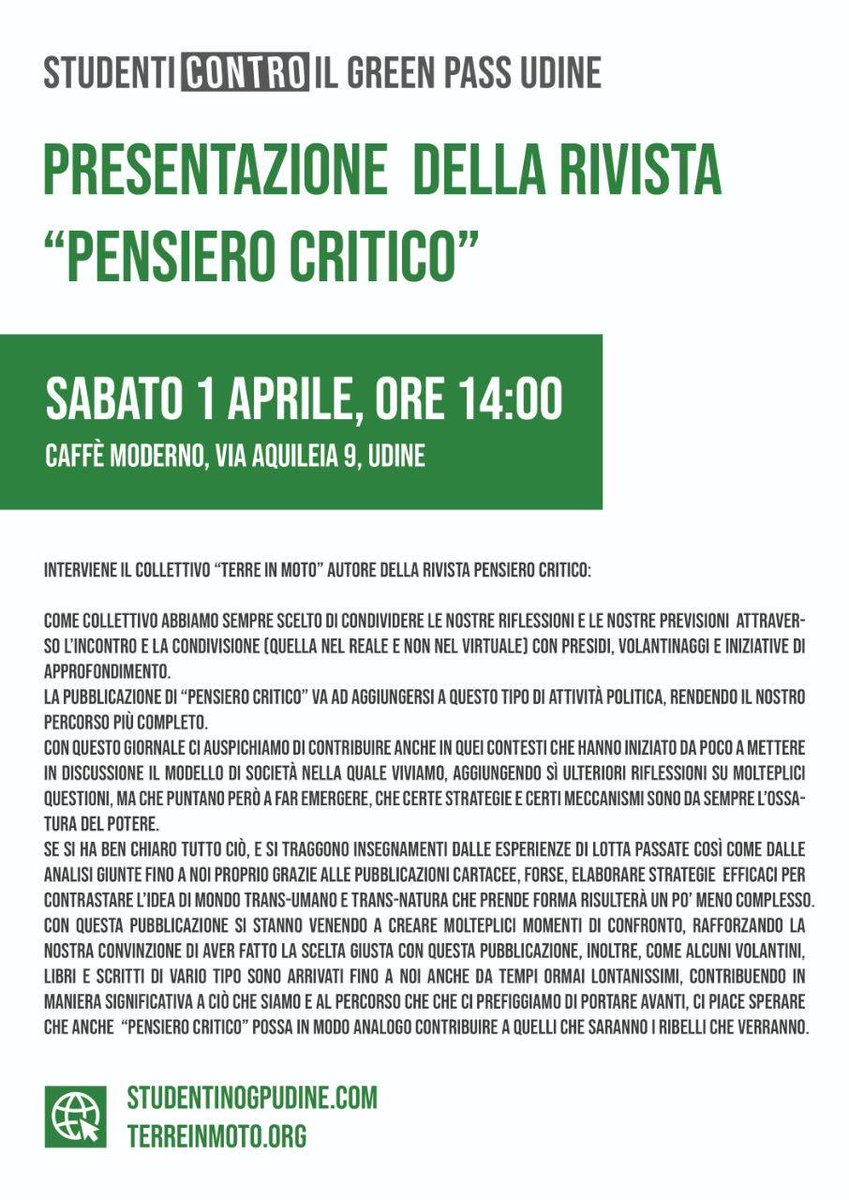 studentinogpUD's tweet photo. Cari amici
Sabato 1 aprile invitiamo tutti al caffè moderno di Via Aquileia 9 a Udine ore 14, per assistere alla presentazione della rivista "Pensiero critico" da parte del collettivo "Terre in moto".
Alla fine della presentazione apriremo un dibattito pubblico per un confronto. https://t.co/FTkcwDcsxB