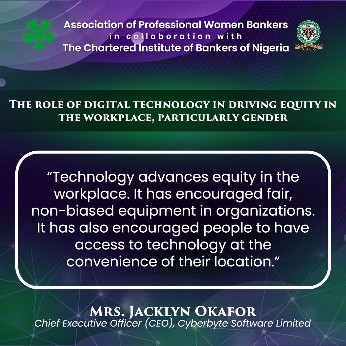 Nugget from our International Women’s Day event on “The Role of Digital Technology in Driving Equity in the Workplace, Particularly Gender”.

#APWB #APWBNigeria #BankingAwareness #FemaleTalent #FemaleBankers #WomenInBanking #WomenInFinance #WomenCommunity