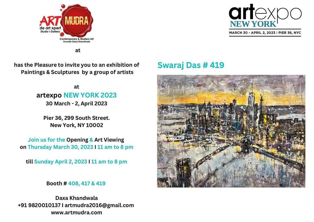 Dear friends,

Watch out for this space! Save the Date..

Tick Tock …Countdown Begins Starts..
Gear up..Ready Steady &amp; Go..

I Swaraj Das, am very excited to be a part of the #Art Expo Fair, New York's #30 March -2 April 2023 edition, under the panel of #Artmudra - de art xp…