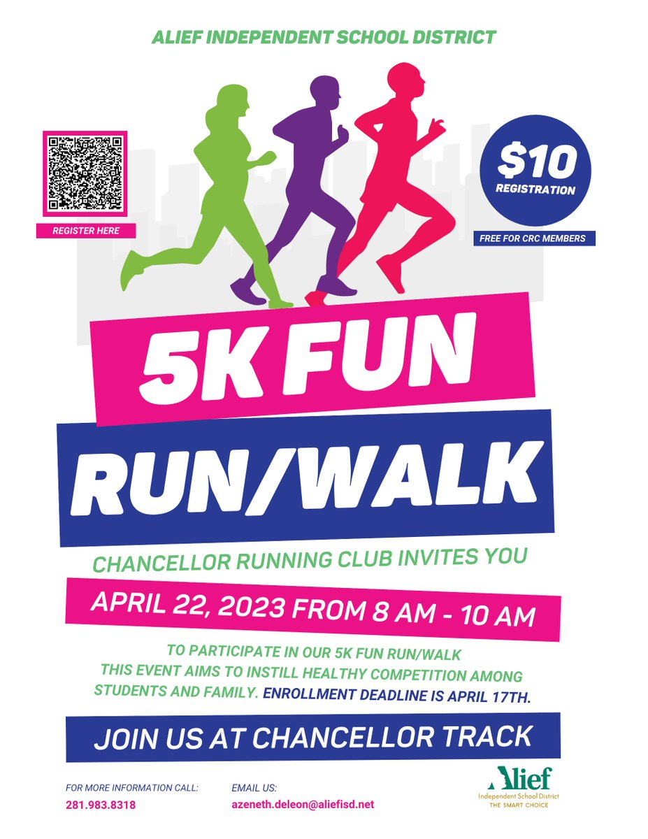 Chancellor Running Club invites you to join them for a 5K run/walk on April 22nd from 8am - 10am. To register please visit tinyurl.com/3xyekyws
