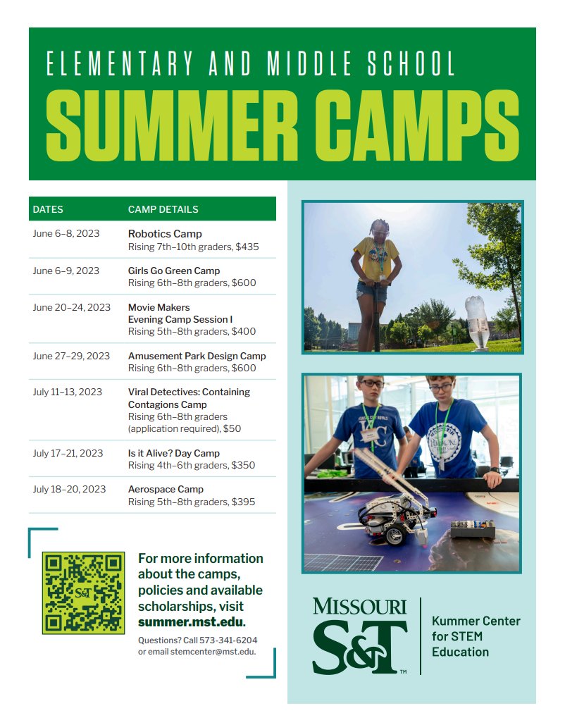 You saw our High School camps, but check out our #middleschool and #elementary #summercamps! Studies show that early exposure to college increase the likelihood of a student attending higher ed. We help kids #buildconfidence for their future here at @MissouriSandT