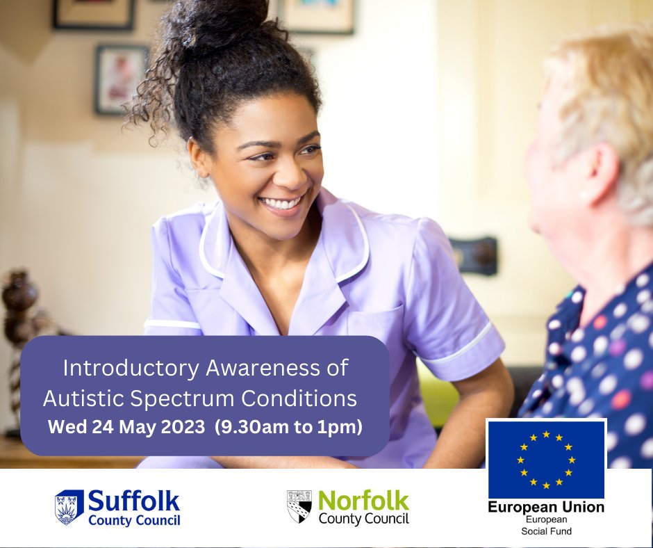 caredeveast's tweet image. @WestSuffolk are running a Level 2 Introductory Awareness of Autistic Spectrum Conditions online course on Wednesday 24 May (9:30am - 1pm) for anyone working in adult health and social care in Norfolk or Suffolk. Find out more: bit.ly/3ZdOaE9 
#supportsocialcare #suffolk