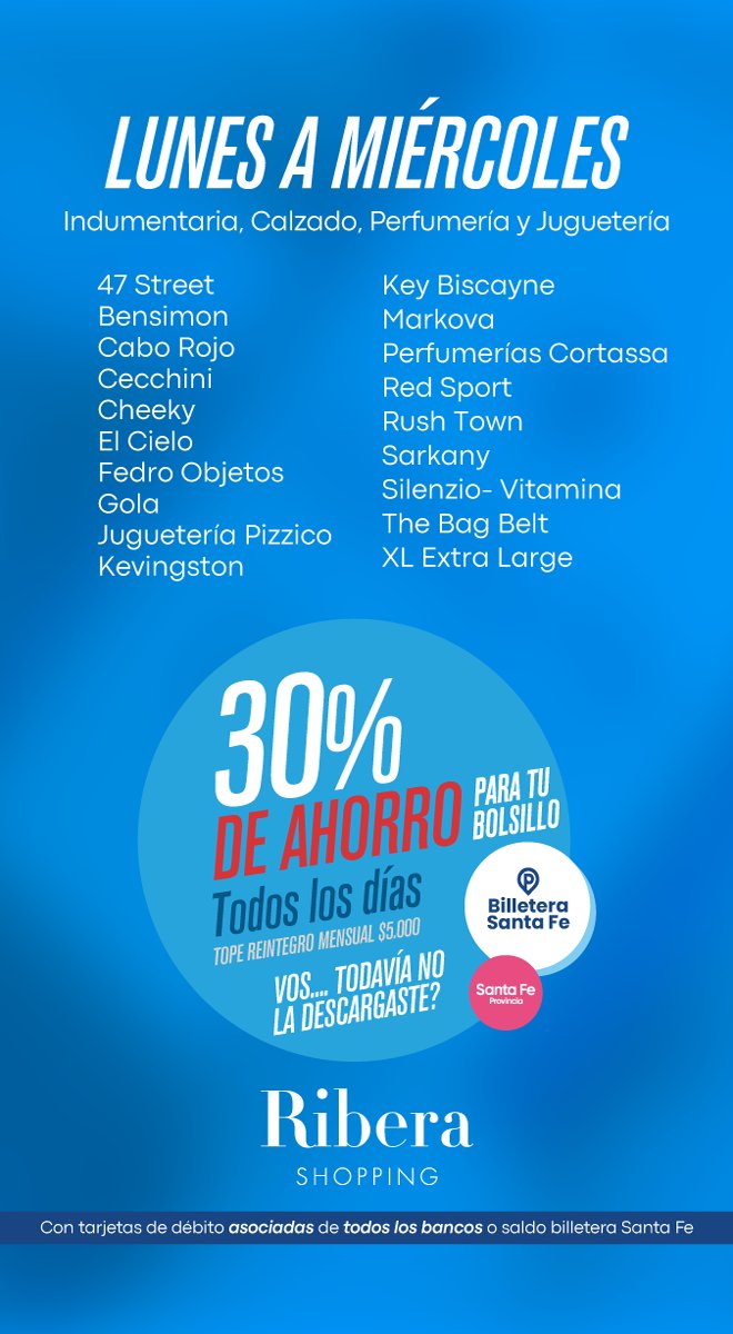 RiberaShopping's tweet photo. ¡Vení a Ribera y aprovechá los descuentos de Billetera Santa Fe! https://t.co/bU2uNBiUxK