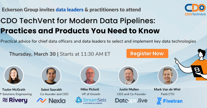 fivetran's tweet photo. Which data pipeline products best suit your organization? 

Join Fivetran’s discussion with experts at @EckersonGroup’s CDO TechVent on March 30 and learn how to evaluate, select, and implement the right product.

Register now: https://t.co/7j0xjYiKgF