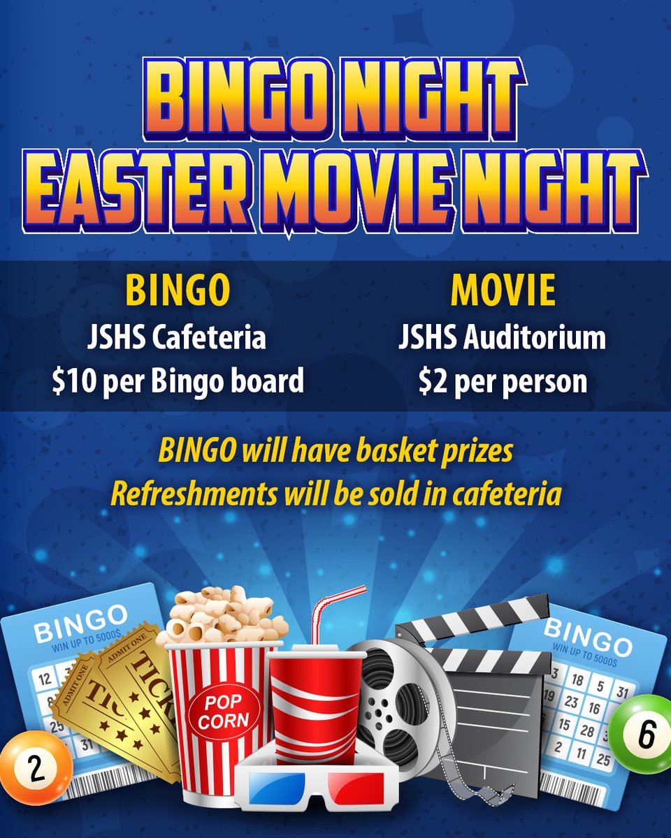 TOMORROW NIGHT! 🥳

Join us tomorrow (3/28) from 6:30 to 8:30 p.m. for an exciting Bingo and Easter Movie night! Proceeds benefit the FBLA Club and their upcoming trip to States!

Be there for this great community event with a great cause! 💙💛💙💛