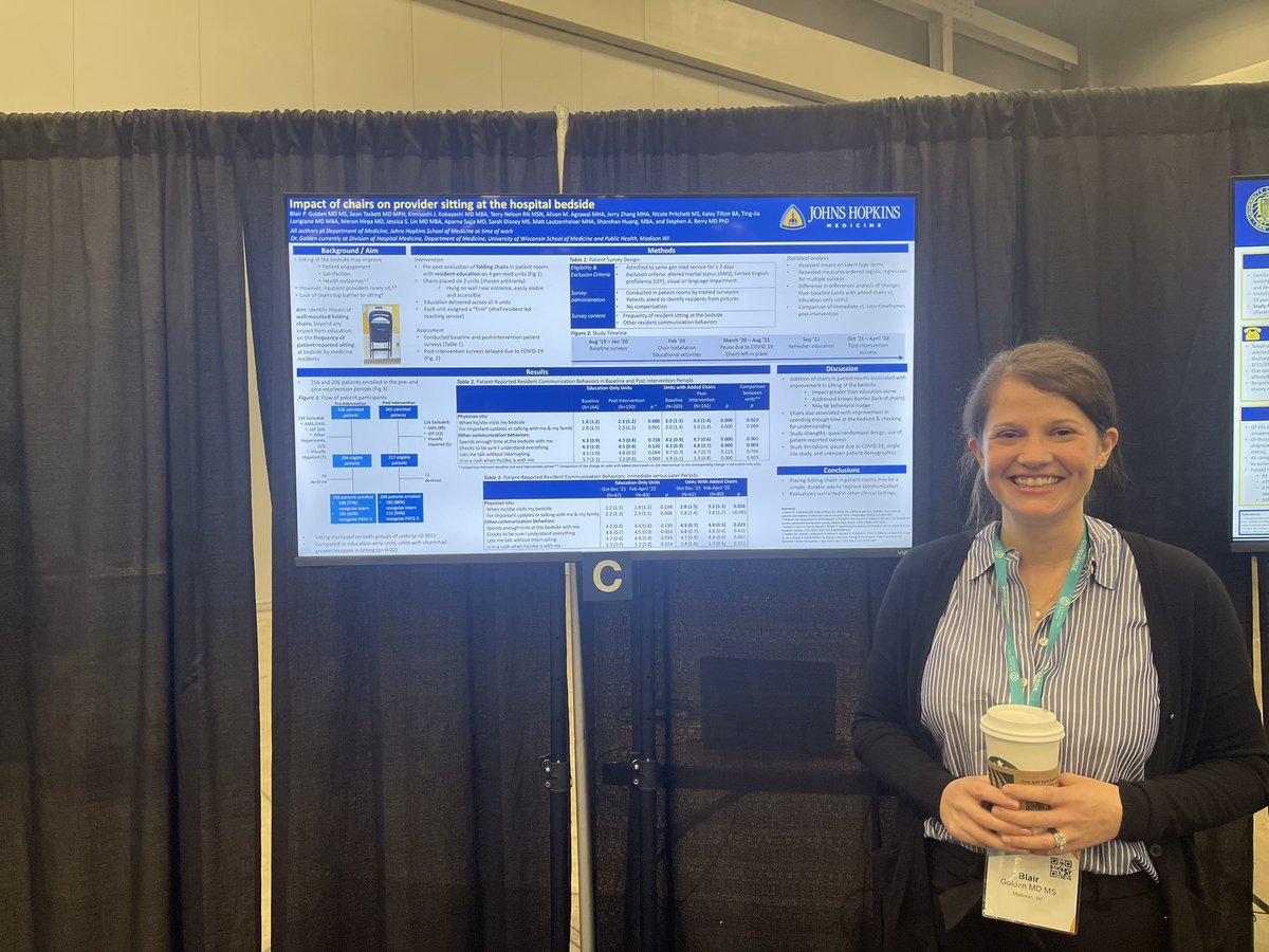 Ran into @blairgolden presenting awesome work at #SHMConverge23. Putting chairs 🪑 in the patients’ rooms resulted in ⬆️ patient-reported resident communication behaviors - including spending enough time at the bedside. Simple and elegant intervention. Just. Sit. Down. 🪑