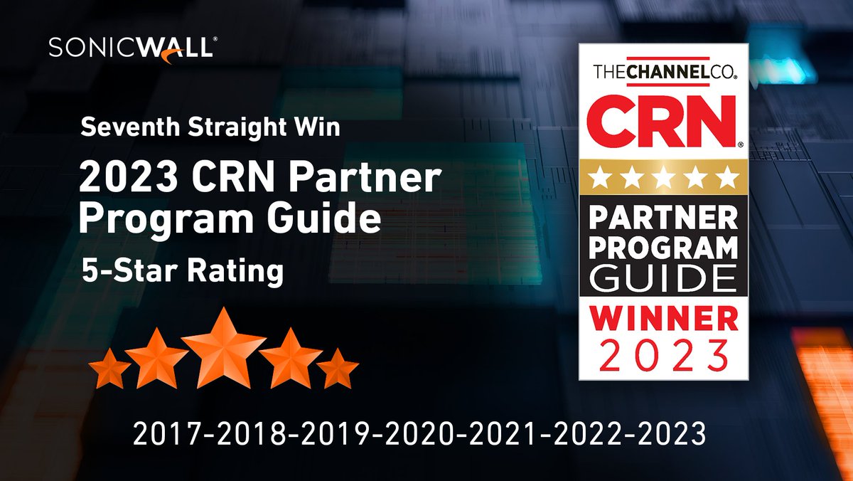 SonicWall's tweet photo. SonicWall received a 5-star rating in the 2023 @CRN Partner Program Guide – for the seventh straight year – dating back to 2017. Learn more here: https://t.co/dKaNX3gSQJ #CRNPPG https://t.co/wkEfLURqf9