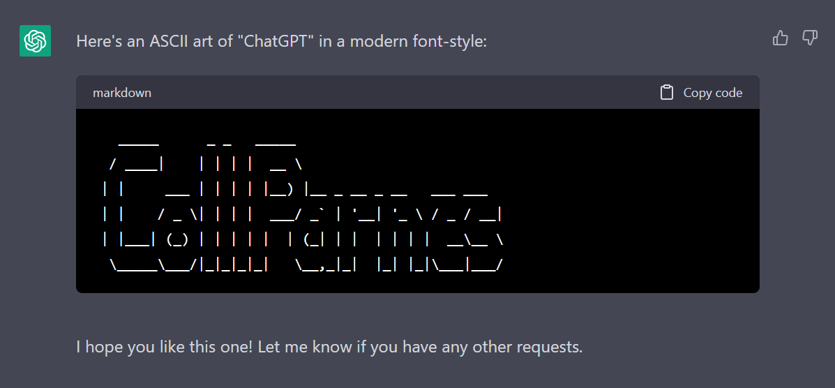 joshua4hand's tweet photo. I found out today that #ChatGPT can produce ASCII art. The results are pretty abysmal. https://t.co/4dc9o2TikT