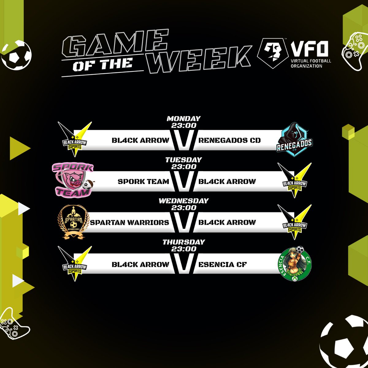 Continuamos con <a href="/VFOspain_xbox/">VFOspain XBOX</a>  esperando mejorar lo conseguido en la primera semana.
Muy duros rivales @CRenegados <a href="/SPORK_TEAM/">SPORK TEAM</a> <a href="/SpartanWarri0rs/">Spartan Warriors</a> <a href="/EsenciaCF/">Esencia C.F.</a> 
Nos vemos en la cancha.
#GoB4W