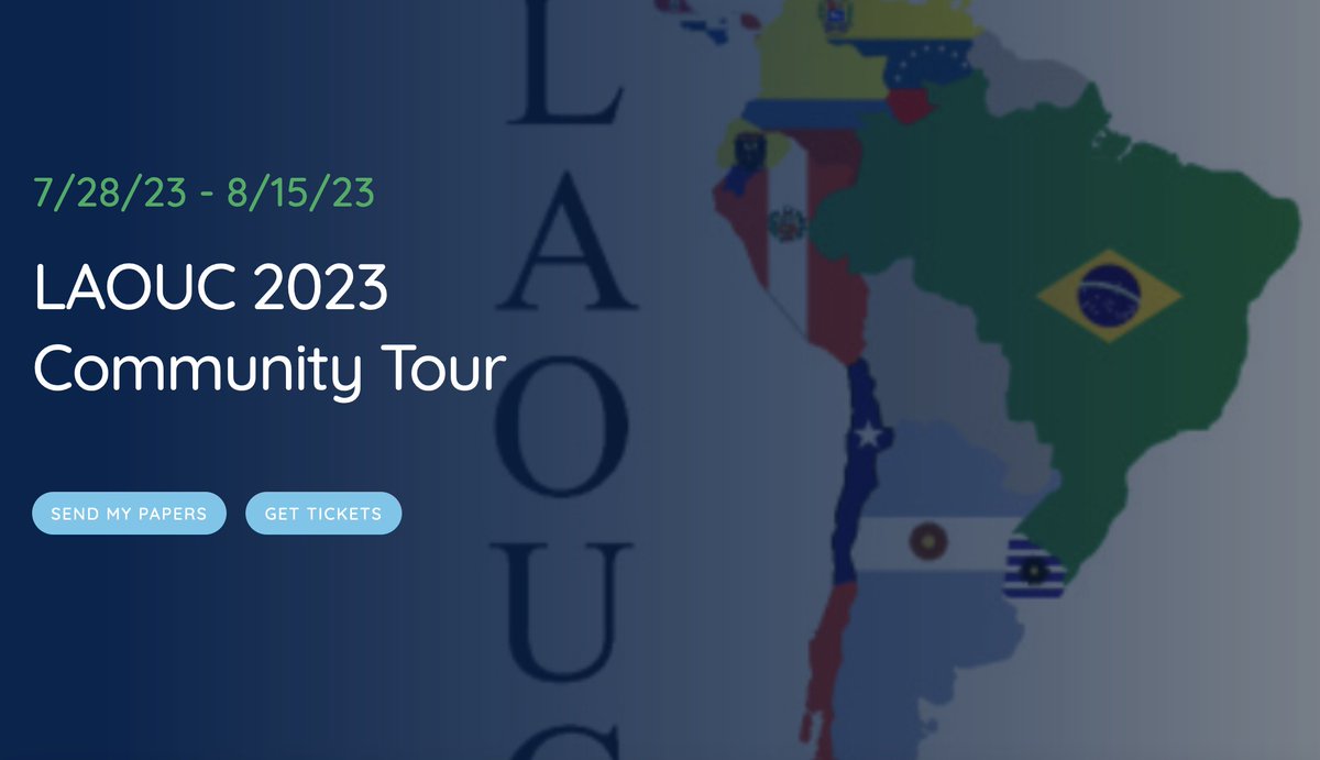 The 2023 LAOUC Community tour will be a face-to-face event, coveringColombia, Costa Rica, Panama, Mexico, Guatemala, Chile, Brazil, Uruguay &amp; Argentina from July 28th to August 15th, 2023. 

Submit your papers for a chance to become a speaker 👉
social.ora.cl/6016OBjyG
#OracleACE