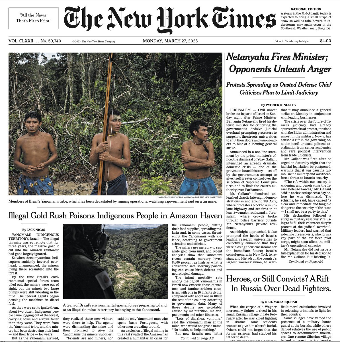 jacknicas's tweet image. The front page of today&apos;s New York Times:

Illegal mining is killing the Yanomamis, the Amazon&apos;s largest isolated Indigenous group.

Now the new Lula government is trying to save them.

We traveled deep into the Amazon, where we found federal agents, illegal miners and Yanomamis.