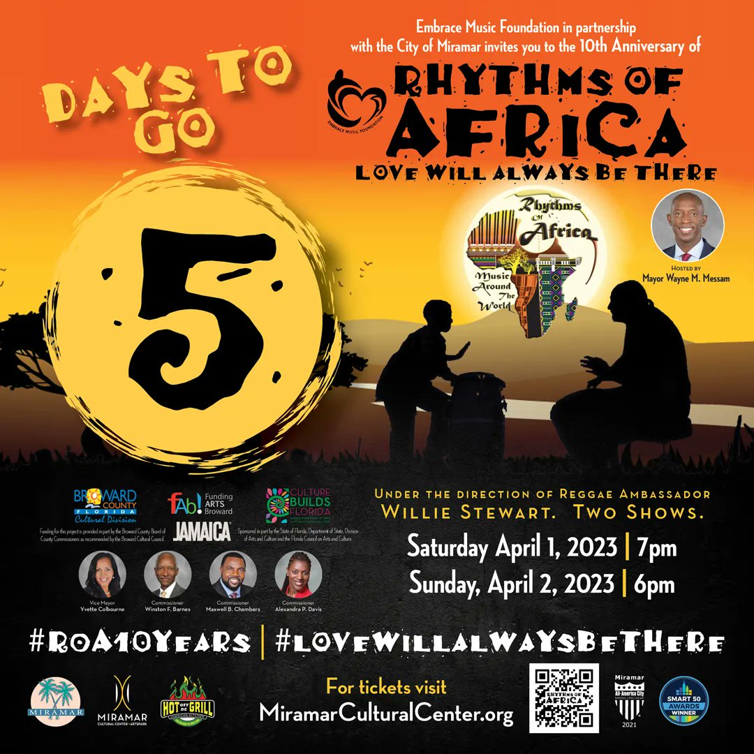 drumatix's tweet photo. 5 Days to go to Rhythms of Africa's biggest show in its 10-year history! Celebrate 10 years of music and culture! Our hosts @waynemessam and the @cityofmiramar invite you to join us for 2 SHOWS on April 1 &amp; 2. Get tickets at https://t.co/tveHiP6ZYl, only $30 or $35 https://t.co/L70SDENfFd