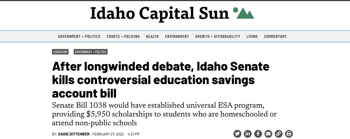 JimGBoyle's tweet photo. Where Ds are as rare as a Whooping Crane, the Idaho Republican Senate rejected a universal ESA voucher proposal last month. As one state senator said “It’s actually against my conservative Republican perspective to hand out this money with no accountability.” @Texans4E https://t.co/Gm4oGn8ej9