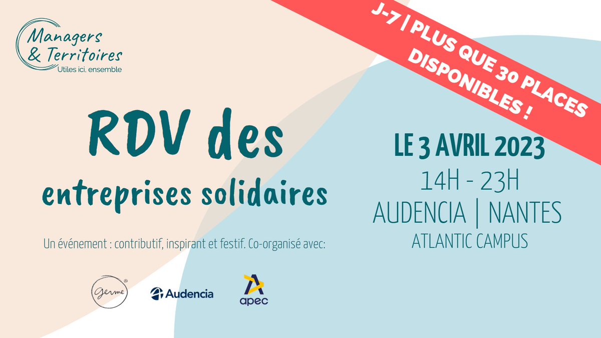 ⚠ Plus que 30 places disponibles ! #RDVentreprisesolidaires

C'est un évènement autour du #mécénat, de la #marquemployeur, l'#engagementsociétal et la #RSE qui a lieu le 3 avril à <a href="/audencia/">Audencia</a>  !

😎 Inscrivez-vous ! ➡️ : bit.ly/3JD6kcD

<a href="/RESEAU_GERME/">GERME</a> <a href="/ApecPDL/">Apec Pays de la Loire</a>