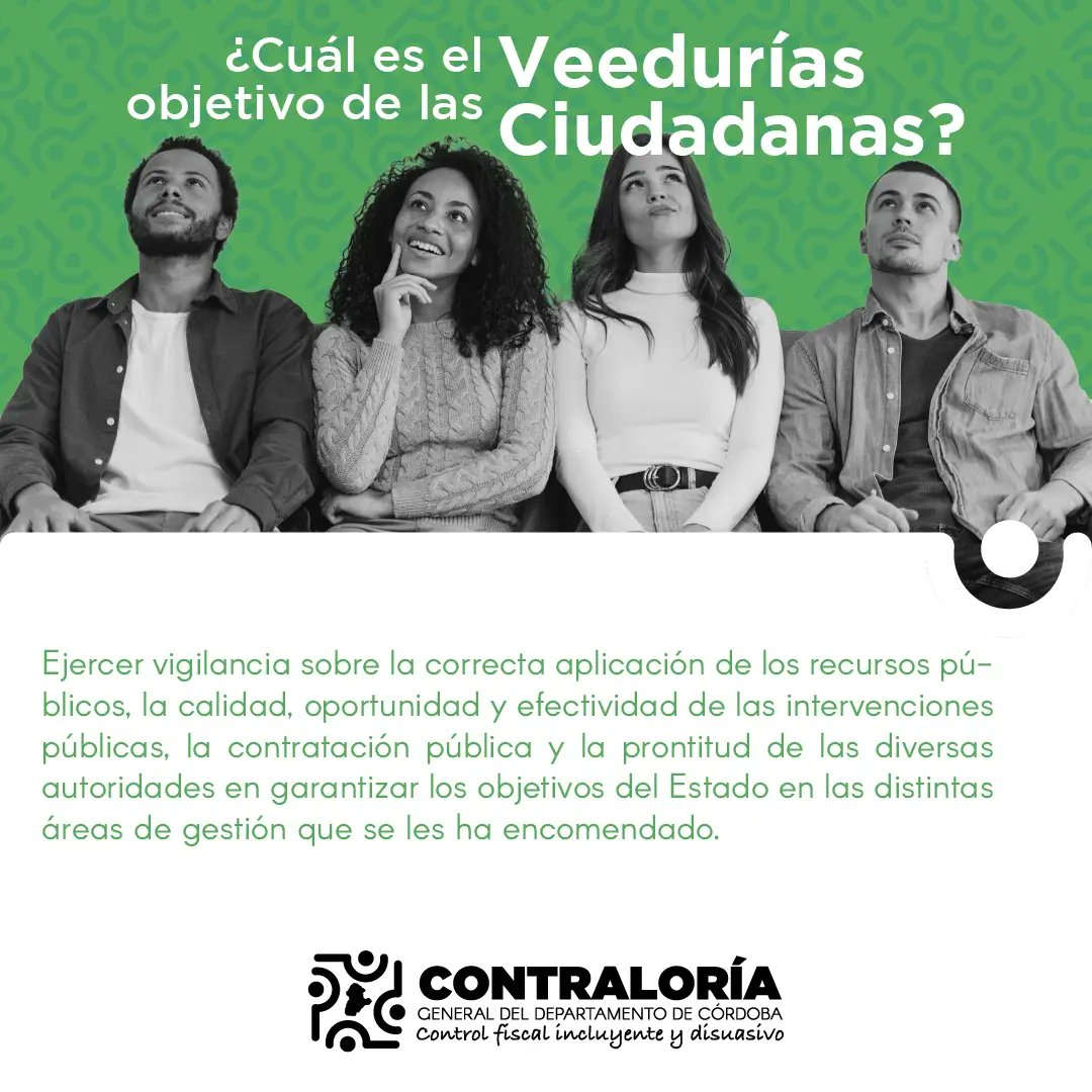 Las veedurias ciudadanas son herramientas poderosas para promover la transparencia y la rendición de cuentas en la gestión pública.¡Todos podemos ser veedores y contribuir a construir una sociedad más justa y participativa! #ContraloríadeCórdoba #VeeduriasCiudadanas
