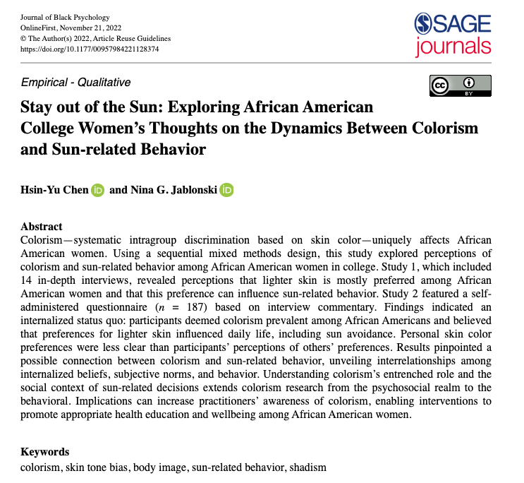 journals.sagepub.com/doi/full/10.11…
Stay out of the Sun: The Dynamics Between Colorism and Sun-related Behavior 

#colorism #psychology #BLM @SAGEpsychology
#OpenScience  #BlackLivesMatter #BodyImage
@SAGE_Publishing #psychtwitter #BlackPsychology @OpenAcademics #OpenAccess