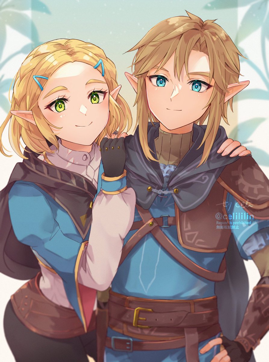 link ,princess zelda 1girl 1boy pointy ears blonde hair smile gloves fingerless gloves  illustration images