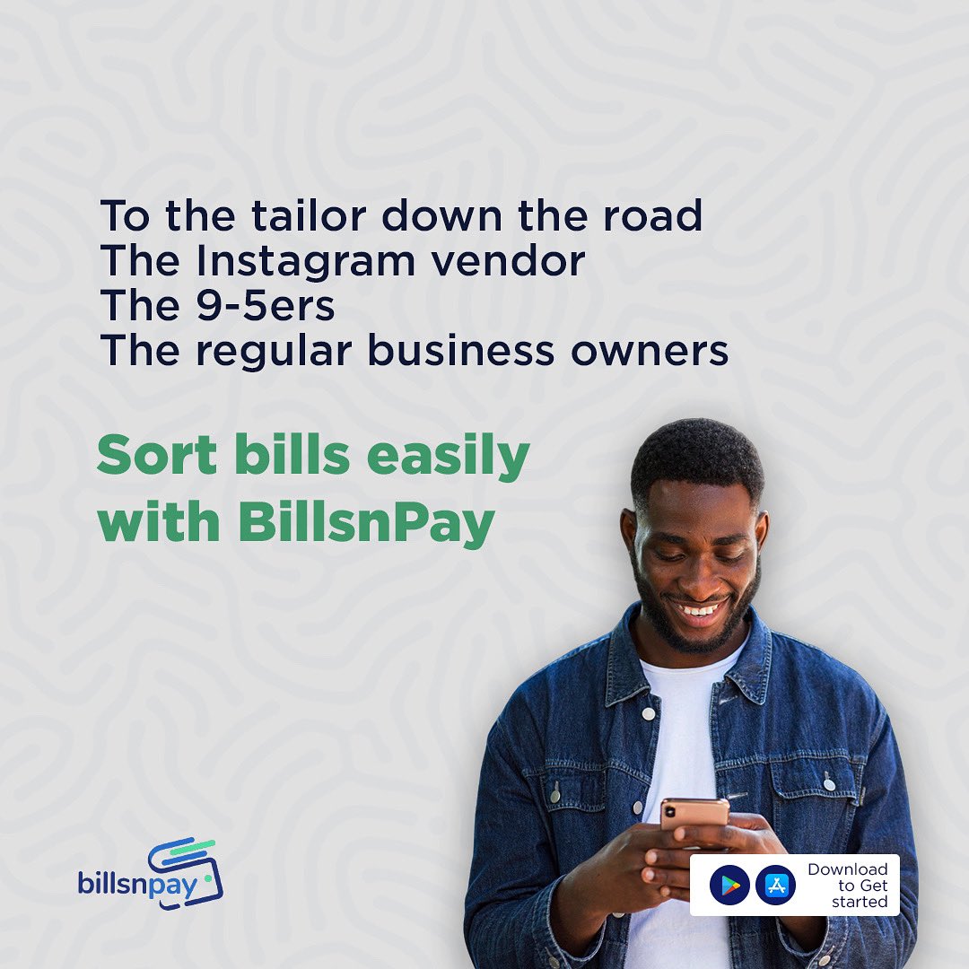 BillsnPayNg's tweet photo. Everyone deserves a life of ease. 

The easiest way to sort bills online is with BillsnPay.

Download the App and get started, or
Visit https://t.co/MMBGJyBsa8 

#BillsnPay
#Digitalwallet
#Businessowner #Airtimerecharge #mobilewallet https://t.co/dkYzyc1gHC