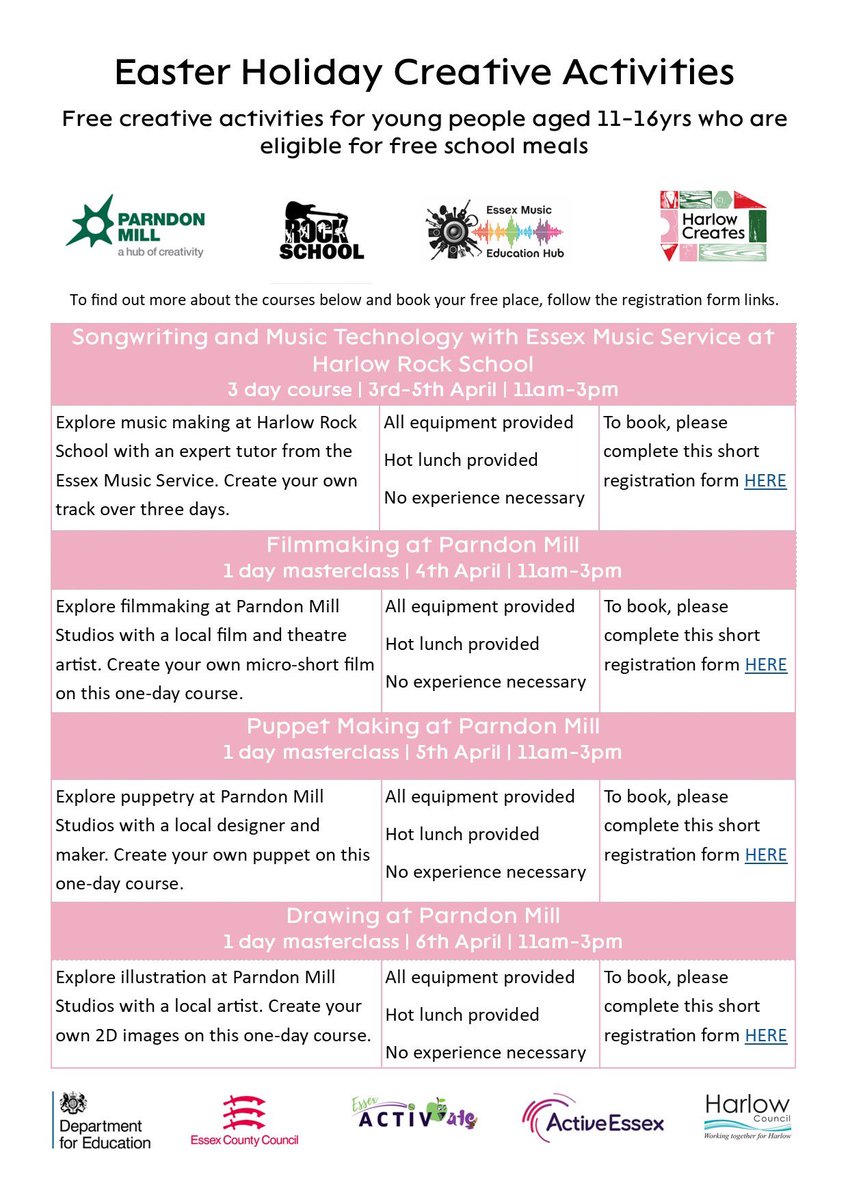 Find Your Active Harlow (@activeharlow) on Twitter photo Great opportunities for children in #Harlow this #Easter.
#HarlowCreates are mixing #movement with creativity @parndonmillharlow and <a href="/ROCKSCHOOLx/">HARLOW ROCK SCHOOL</a>. Book at lnkd.in/eyRjnyj7
and lnkd.in/edpQrgTp.
Provision such as @changing_l1ves bookable at activeessex.org/children-young… Great opportunities for children in #Harlow this #Easter.
#HarlowCreates are mixing #movement with creativity @parndonmillharlow and <a href="/ROCKSCHOOLx/">HARLOW ROCK SCHOOL</a>. Book at lnkd.in/eyRjnyj7
and lnkd.in/edpQrgTp.
Provision such as @changing_l1ves bookable at activeessex.org/children-young…