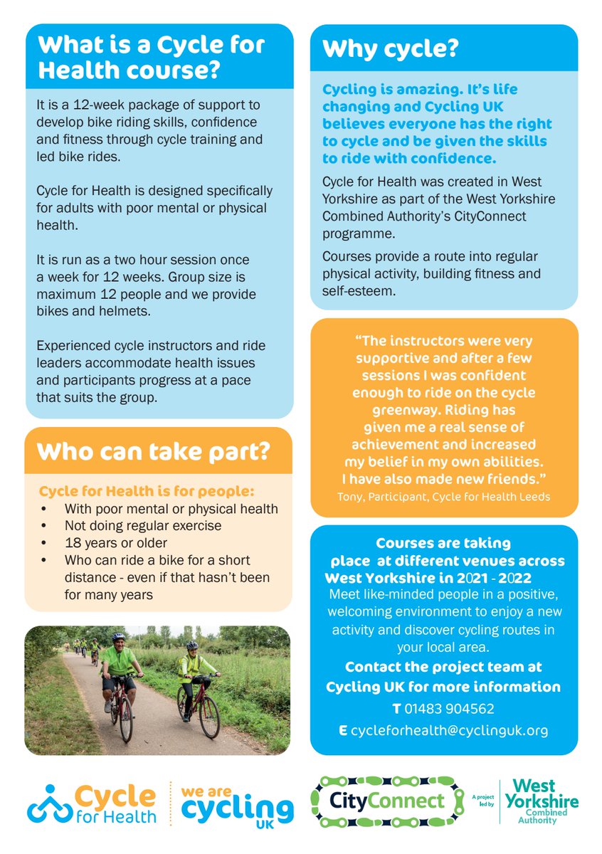 stayingwellcal's tweet photo. Cycling UK will be running free Cycle for Health Courses from Spring Hall in Halifax offering a package of support for adults which develops skills and grows confidence through cycle training and led bike rides.
cycleforhealth@CyclingUK.org
#SpringHall #Halifax #CyclingUK https://t.co/qHcBrXIpYn