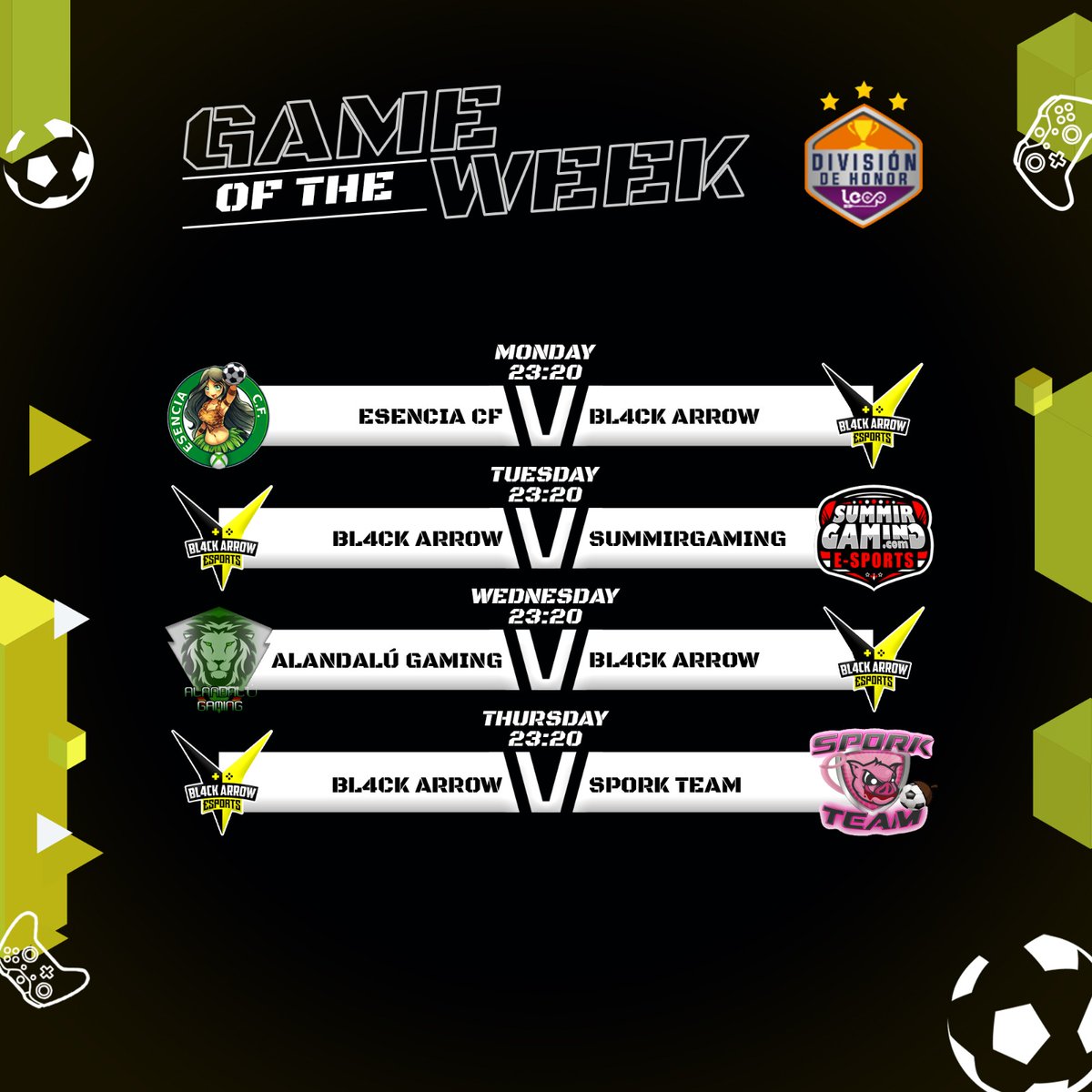 Conseguiremos el pleno  esta semana en <a href="/VPLSpain/">VPL Spain</a>????
Serán capaces <a href="/EsenciaCF/">Esencia C.F.</a> <a href="/SummirGaming/">SummirGaming</a> <a href="/SPORK_TEAM/">SPORK TEAM</a> <a href="/AlandaluGaming/">Alandalú Gaming</a> de quitarnos el invicto...???? 
Grandes equipos, pero nosotros también lo somos....!!!
#GoB4W