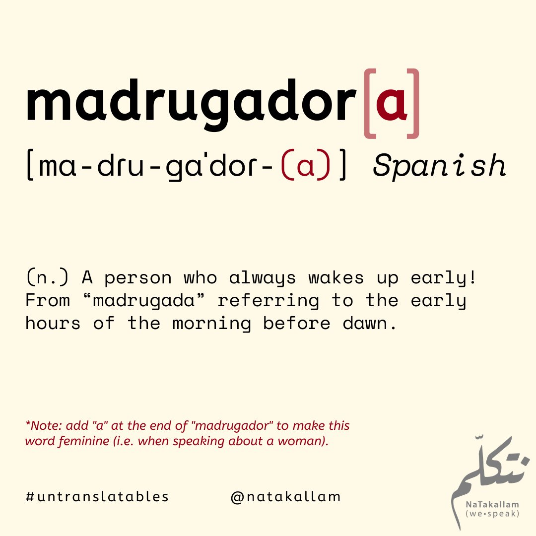 NaTakallam's tweet image. We don’t know about the worm but the early bird gets this #untranslatable in #Spanish!

Use the verb form "madrugar" to tell someone that you wake up early every day, "madrugo todos las días", or tag the #madrugador or #madrugadora in your life 👇

#NaTakallam #WeSpeak #Languages