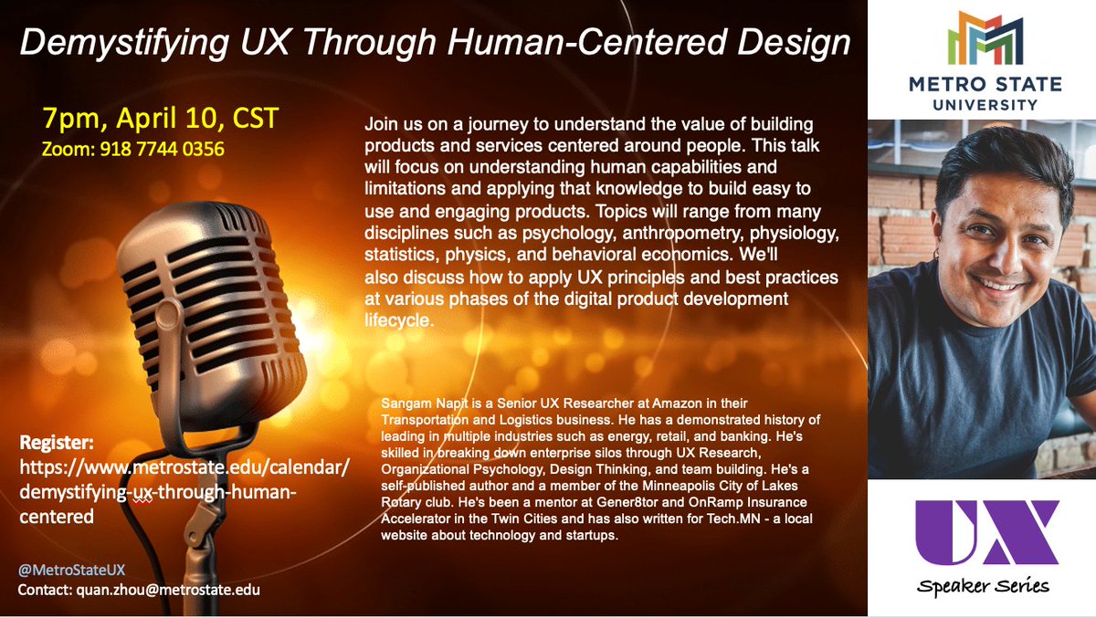 MetroStateUX's tweet photo. Join us on April 10, at 7pm on zoom for the next UX Speaker Series event. Register: https://t.co/gocXkzZN67 https://t.co/1cOGLAgLBH