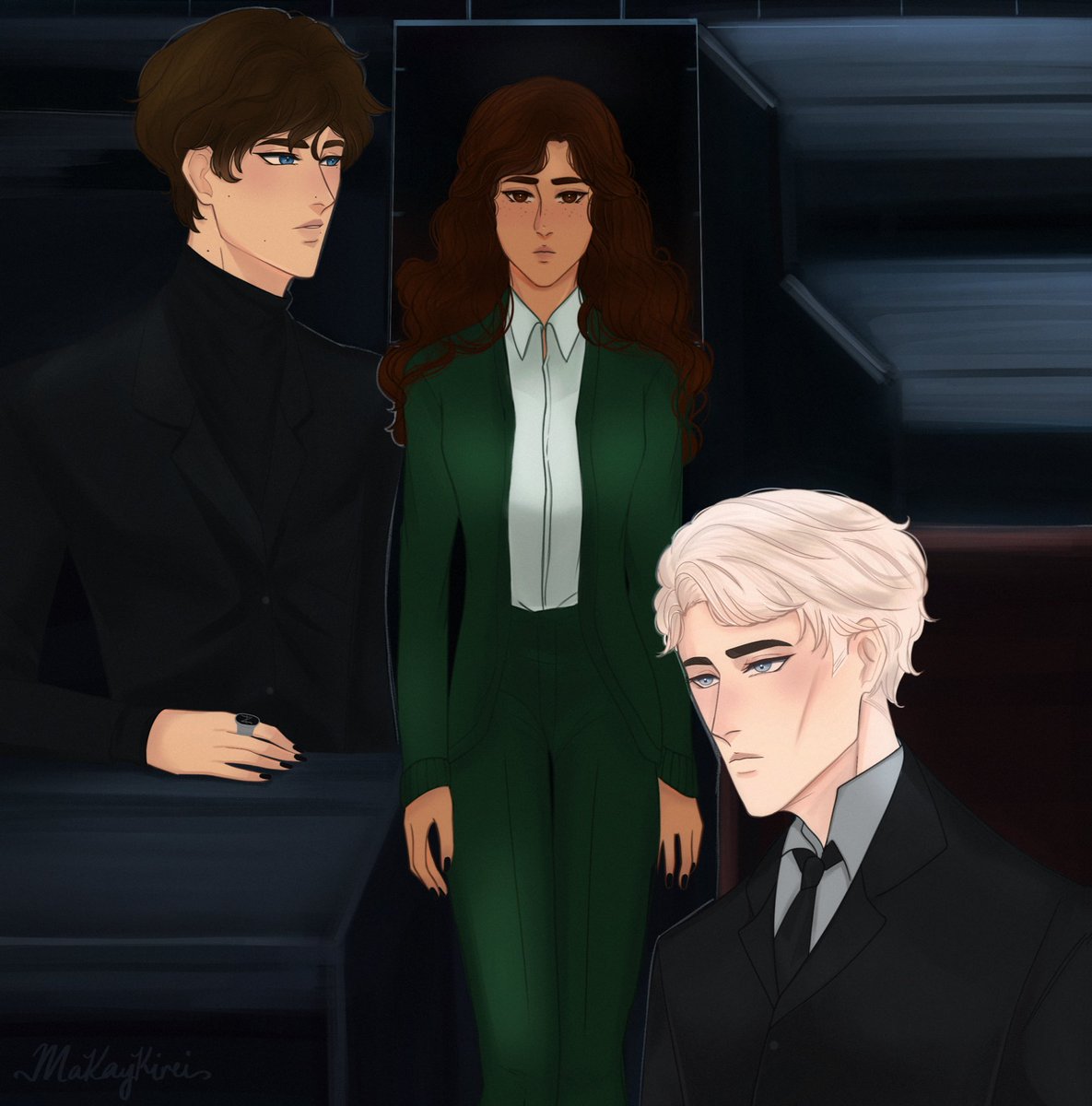 'Theo couldn't decide which of them to focus on at that moment. Hermione looked like an avenging angel. Draco's face showed a vulnerability that he so rarely presented.” (Ch. 25 of WBTODYS by @ceilidhchaos 🖤)
•
#theonott #DracoMalfoy #hermionegranger #dramione #dreomione #dhr