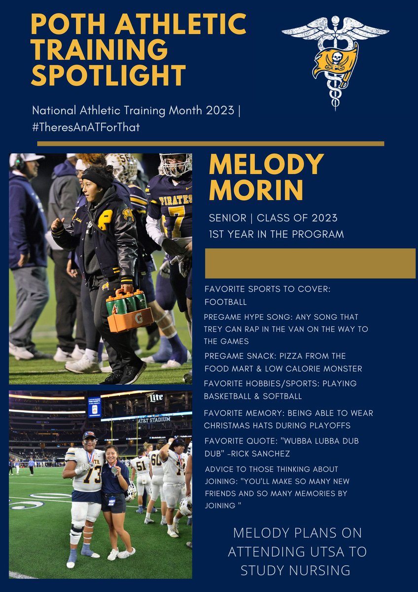 Student Athletic Trainer Spotlight❗️
Our next spotlight goes to another one of our seniors, Melody! 
Her positive attitude and willingness to learn has been such a great addition to our group! 
Thank you for all of your help this year, Melo! 
#NATM2023 #TeamBehindTheTeam