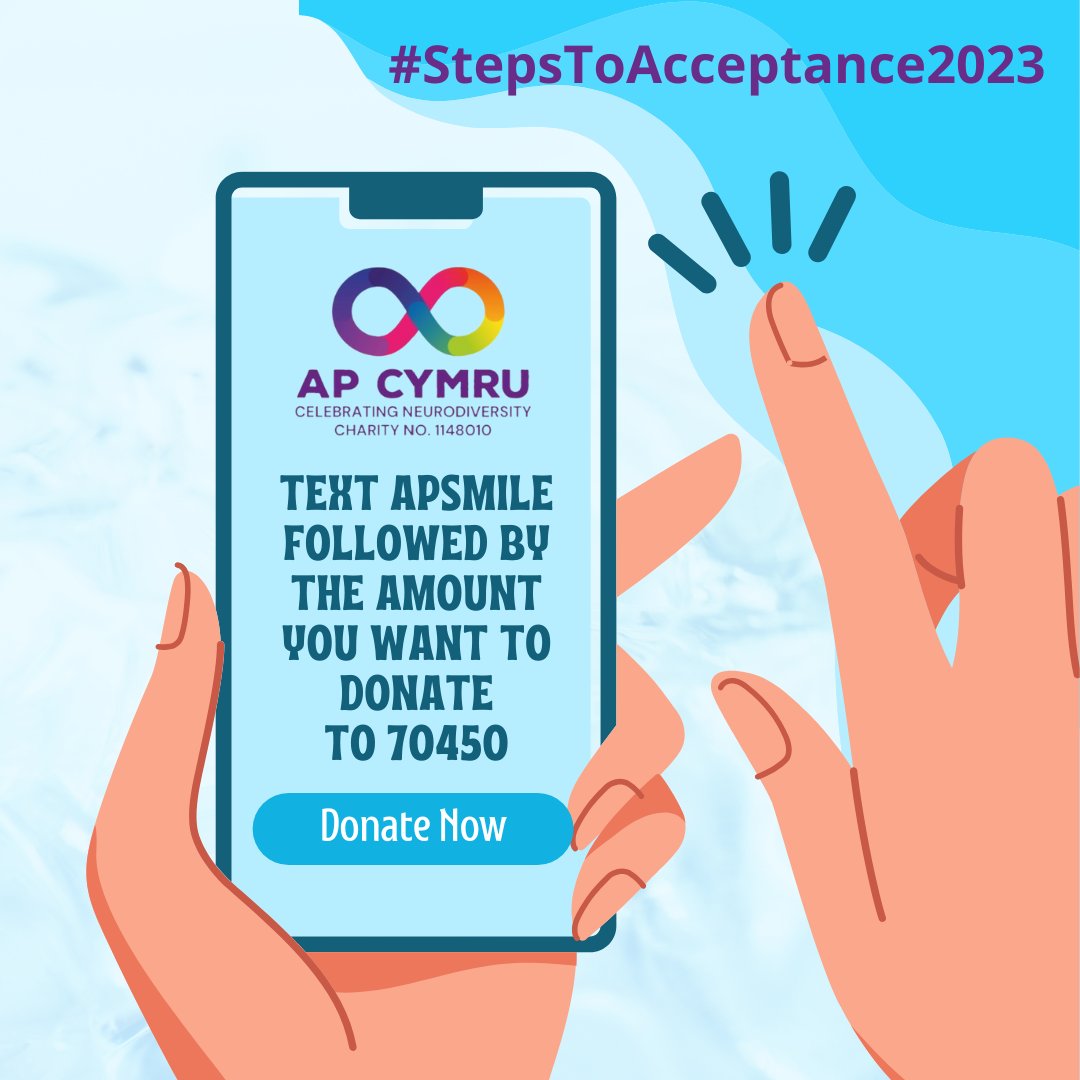 2 ways to donate:
1. Text APSMILE followed by the amount you want to donate to 70450
2. justgiving.com/APCymru
#stepstoacceptance2023 #AutismAcceptanceMonth  #apcymru  #fundraising #togetherisbetter #donate #texttogive #justgiving