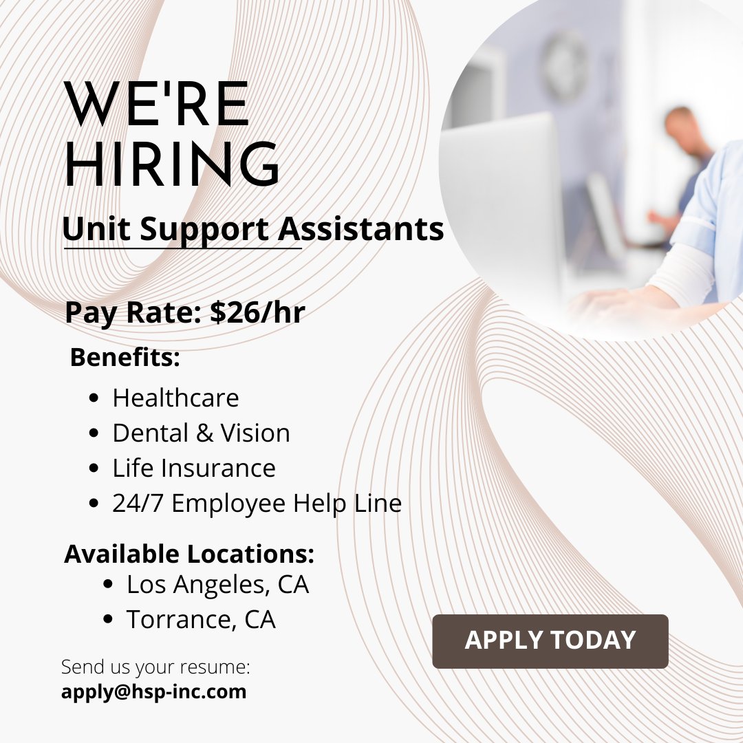 HSP_Inc's tweet image. Hiring Now! We are looking for Unit Support Assistants for these open positions with available locations in Los Angeles and Torrance, CA!

Interested in applying? Send us your resume at apply@hsp-inc.com

#unitsupportassistant #unitsupport #losangeles #torrance